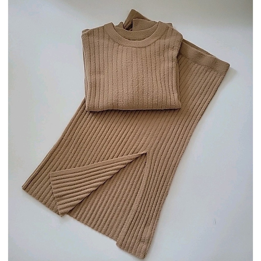 Aerie Rib Knit Sweater Skirt Set XXL Tan Elastic Waist Casual Comfy Cozy Neutral
